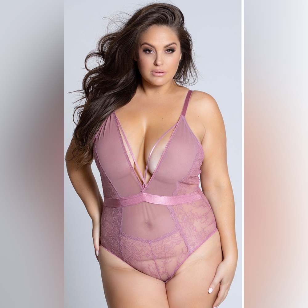 PLUS SIZE VIVIANE PLUNGING MESH AND LACE TEDDY